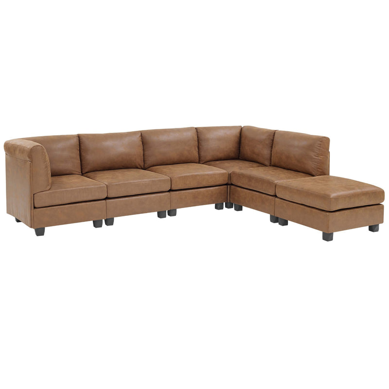 Brown U-shape sectional sofa with ottoman-style corner and built-in seat cushions.