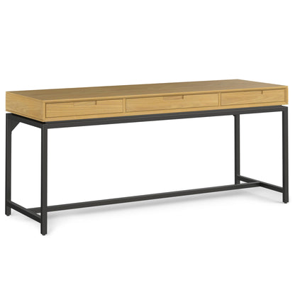 Light brown mid-century desk with 2 front drawers and black metal legs