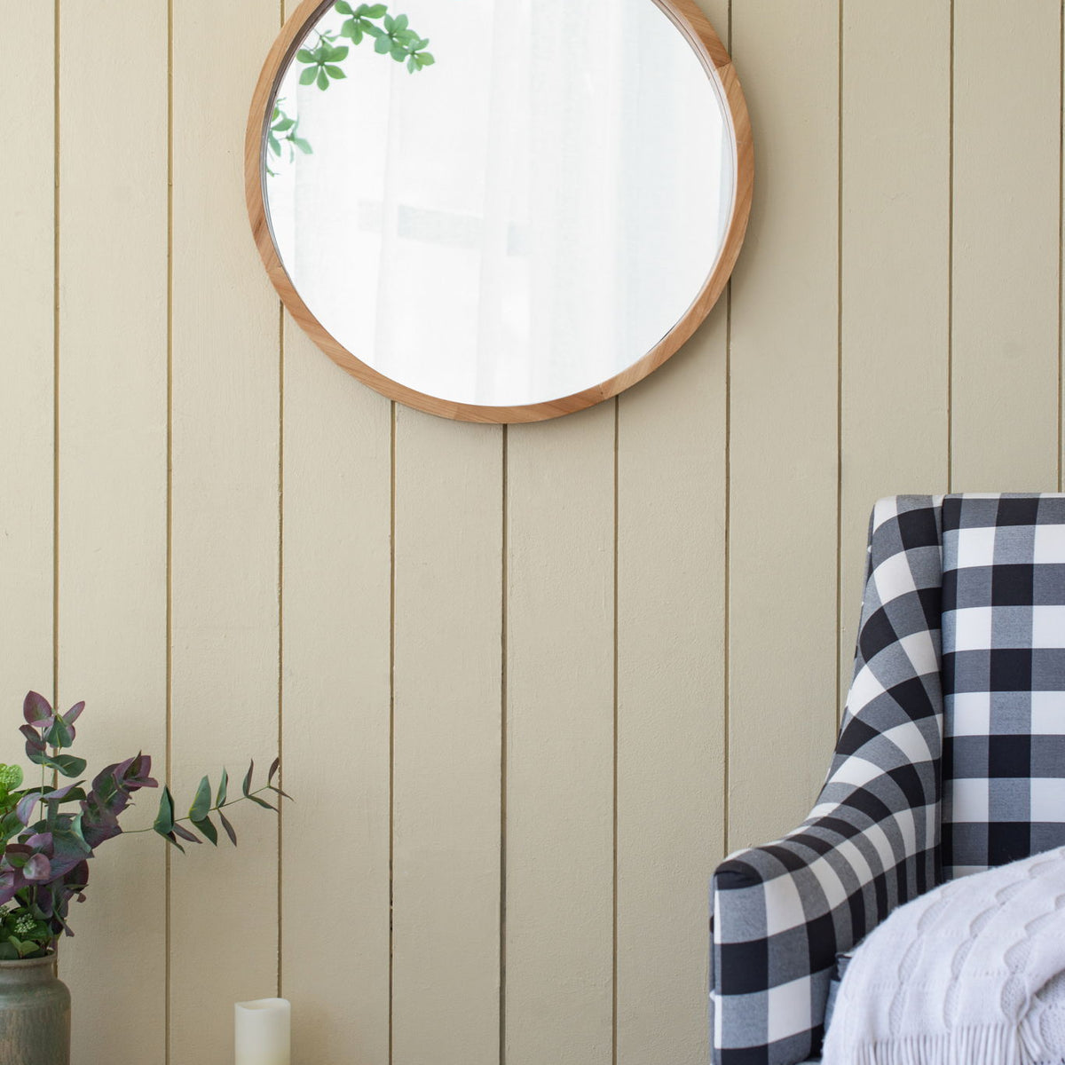 Wood Round Mirror, Farmhouse Decor Style Circle Wall Mirror For Living Room Bathroom Entryway - Brown