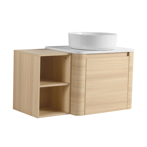 Mounted bathroom vanity with vessel sink, open left shelf, and two-door storage cabinet