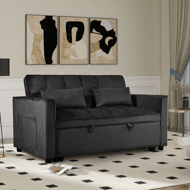 Convertible sofa bed with deep tufting and padded arms, dark gray fabric