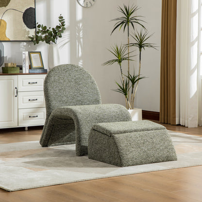 24.8 ' Wide Modern Upholstered Armless Chair with Storage Ottoman, Chenille Accent Chair for Living Room, Bedroom, Office and Reading Room, Green-White