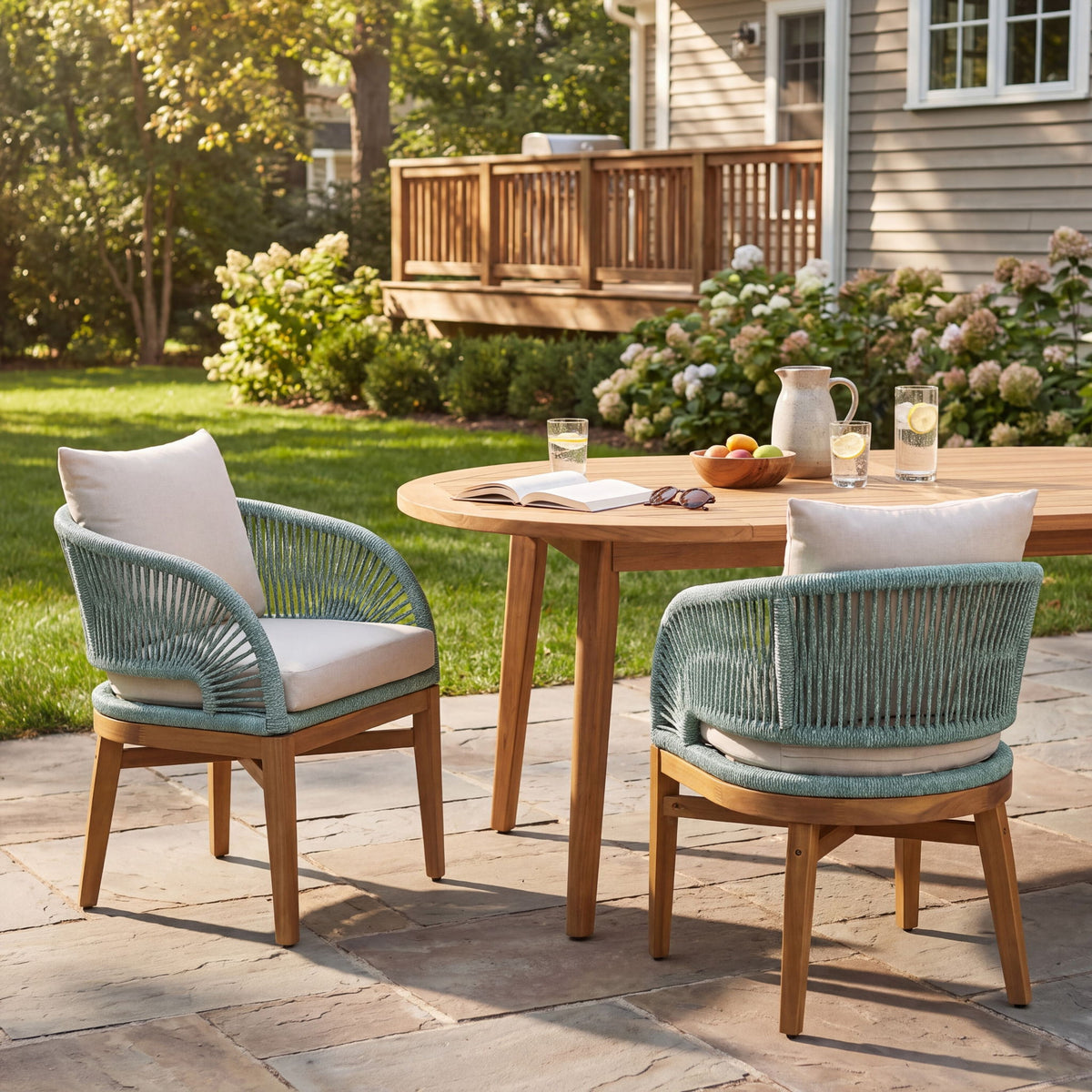 Outdoor dining chair set with teal woven back and arms, white cushions, light wood frame