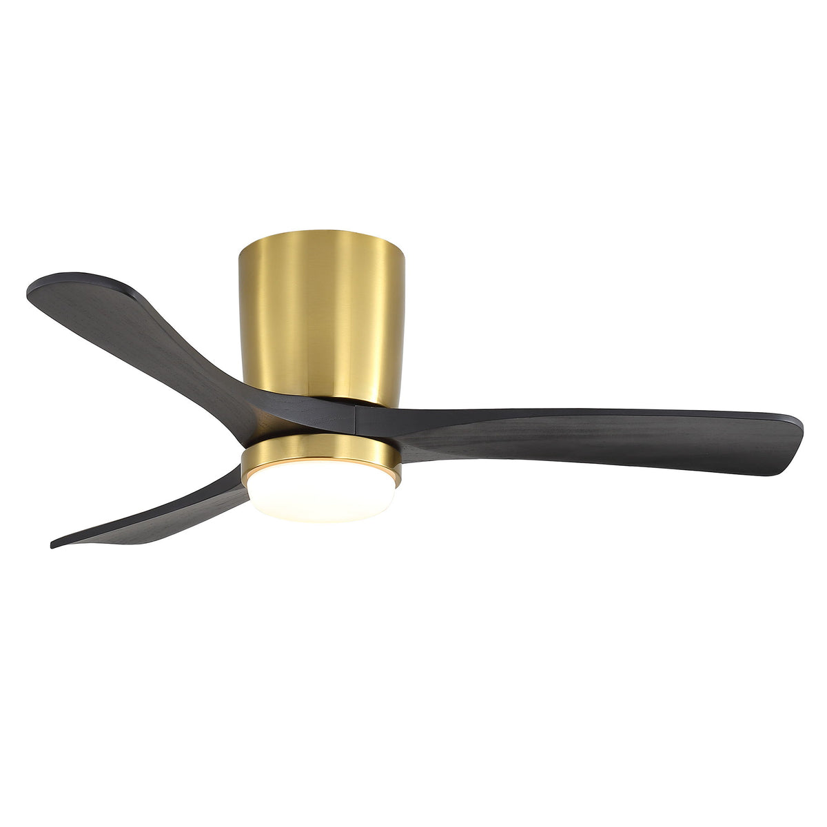 Gold and black ceiling fan with frosted LED light and three dark blades