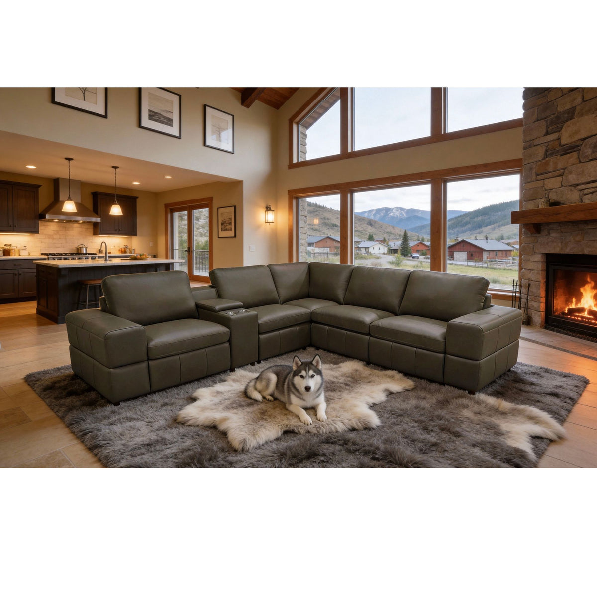 Dark gray modular sectional sofa with square arms and tufted back cushions