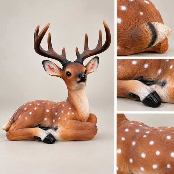 Brown deer statue with white spots, branching antlers, and close-up views of its textured details