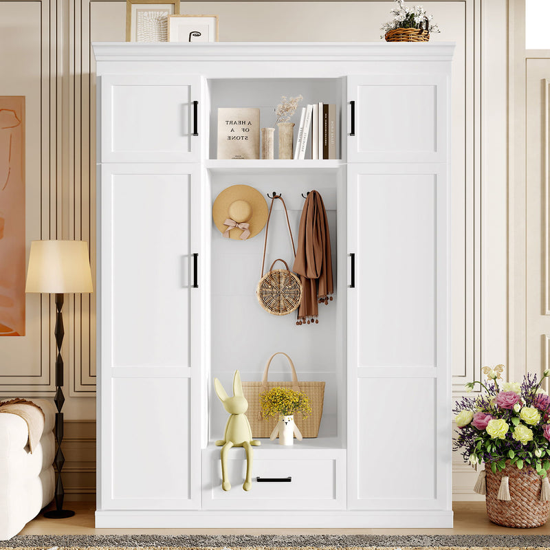 Hall Tree With Bench And 3 Hooks, Modern Entryway Storage Organizer Cabinet With 4 Doors, 1 Drawer And Adjustable Shelves