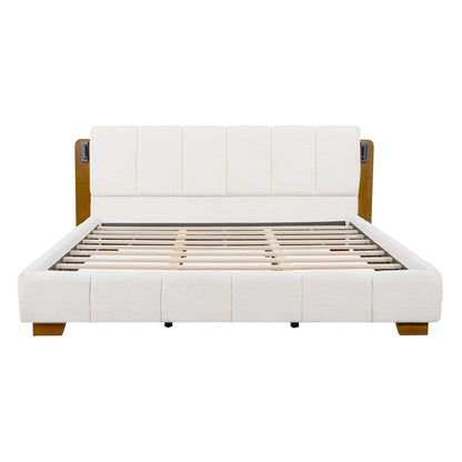 White upholstered platform bed with slatted base and built-in side reading lights