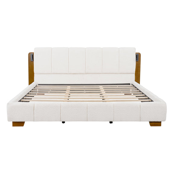 White upholstered platform bed with slatted base and built-in side reading lights