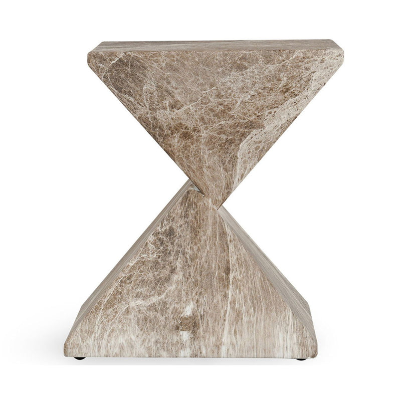 Hourglass concrete accent table with crossed base, mottled brown and ivory stone-look finish