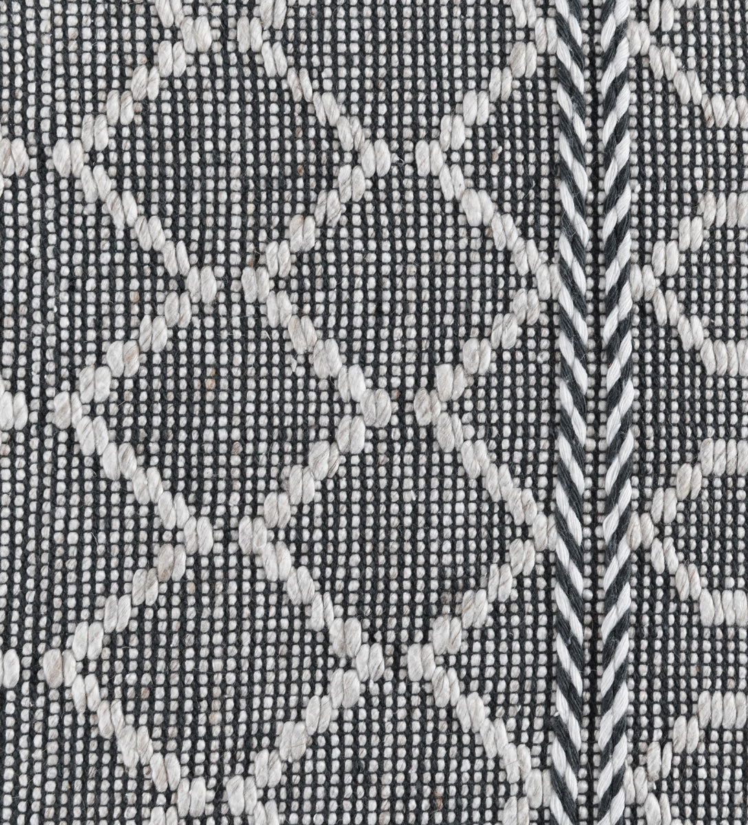 Indoor/outdoor rug with black base, white diamond lattice and braided border detail