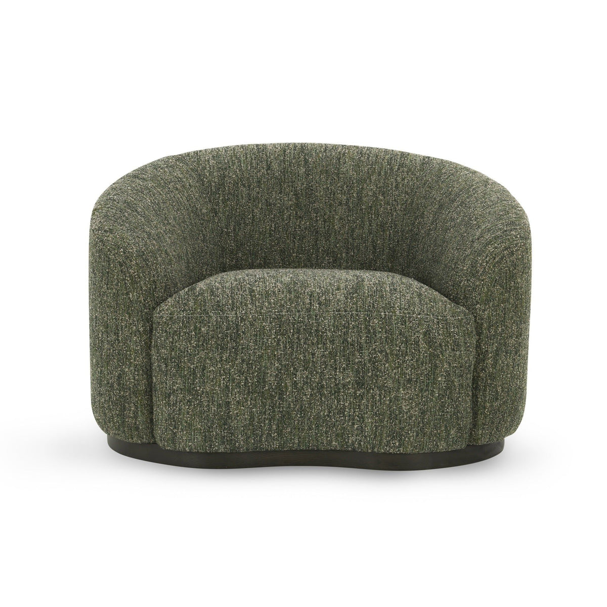 Antique green upholstered swivel accent chair with rounded back and black base