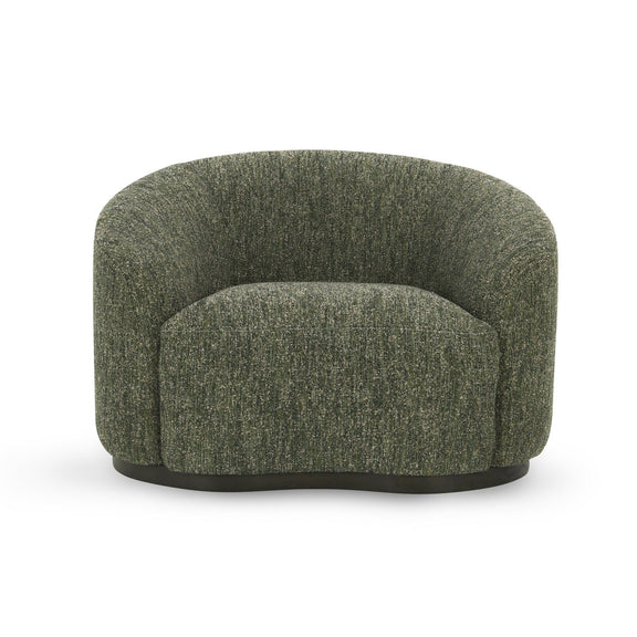 Antique green upholstered swivel accent chair with rounded back and black base