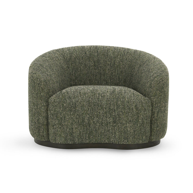 Antique green upholstered swivel accent chair with rounded back and black base