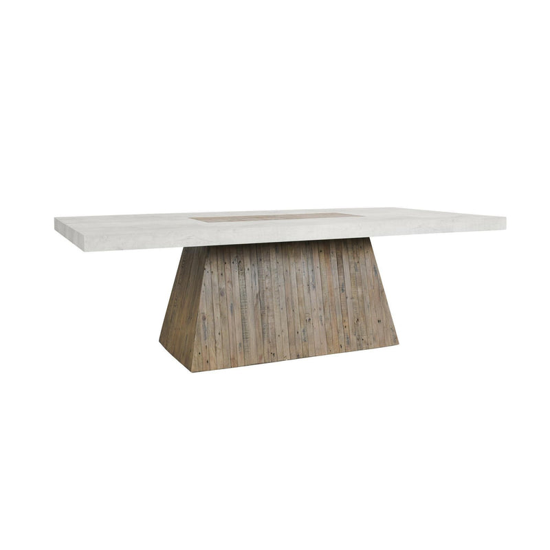 Dining table with antique white tabletop and weathered wood apron pedestal