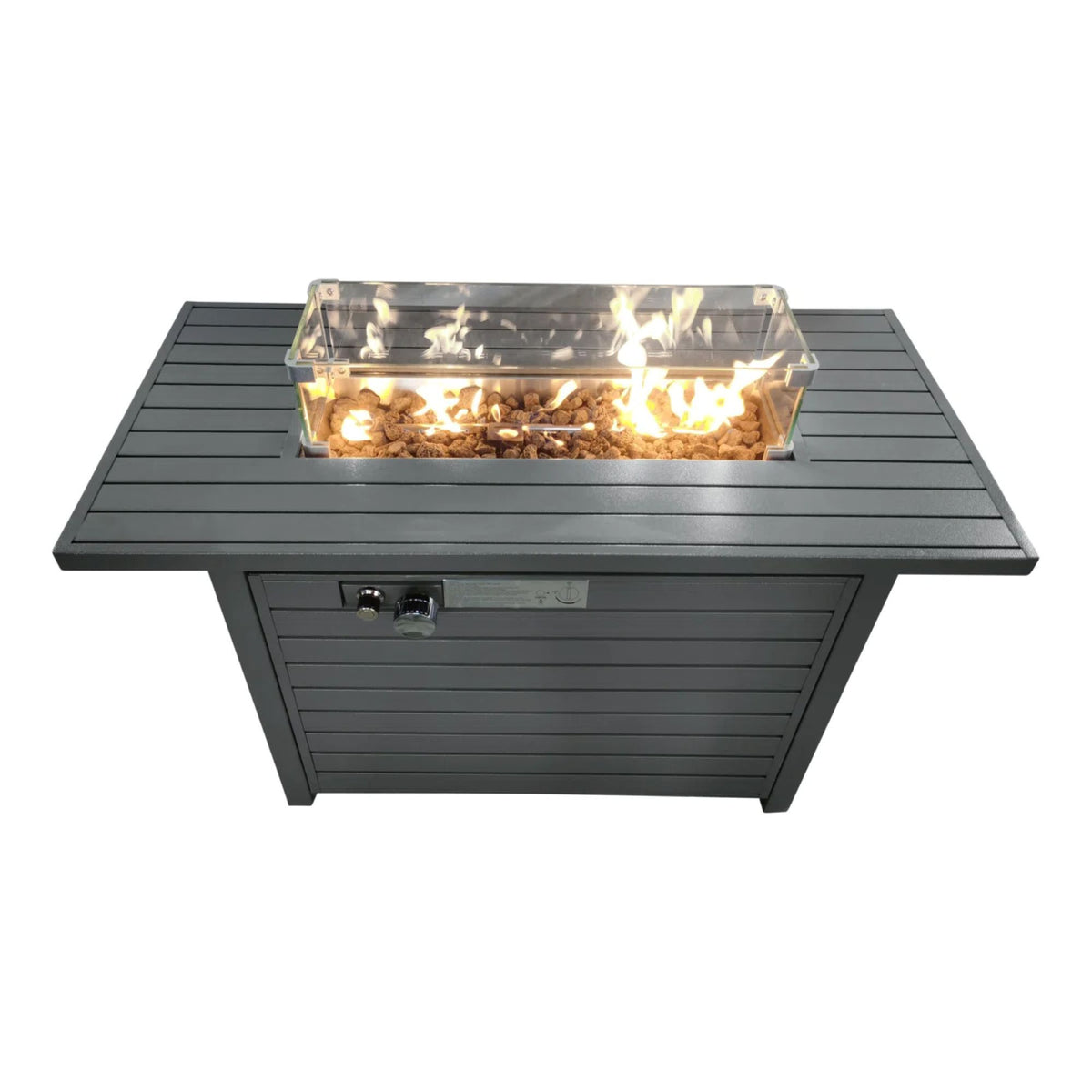 Gray propane fire pit table with lid, rectangular glass firebox and flames