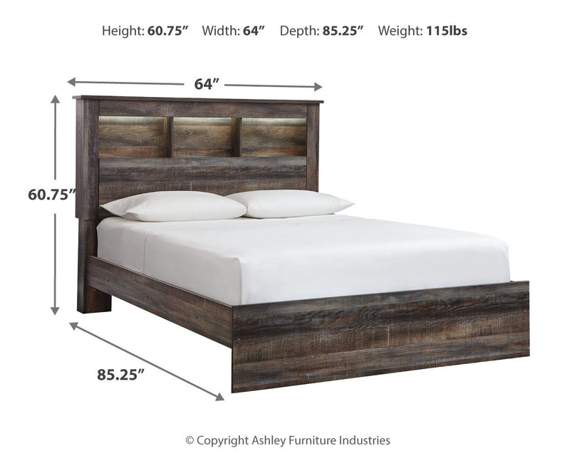 Panel bookcase bed in dark wood tone with open headboard shelving and side storage drawers