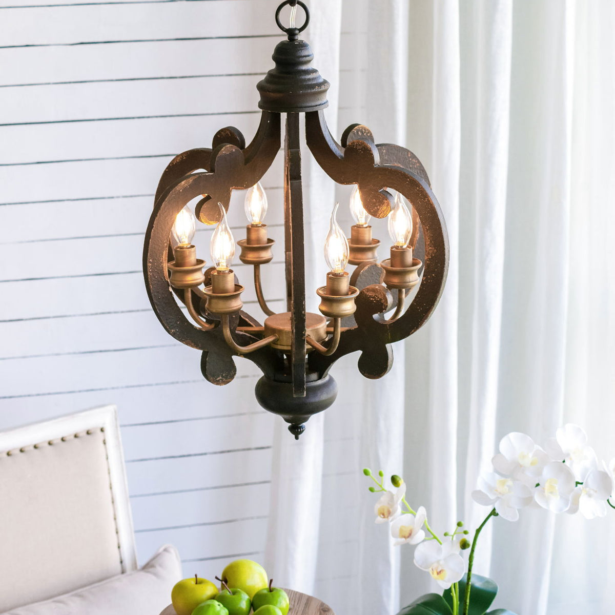 Farmhouse Chandelier, 6 Light Wood Chandelier Pendant Light Fixture With Adjustable Chain For Dining Room Living Room Entryway, Bulb Not Included