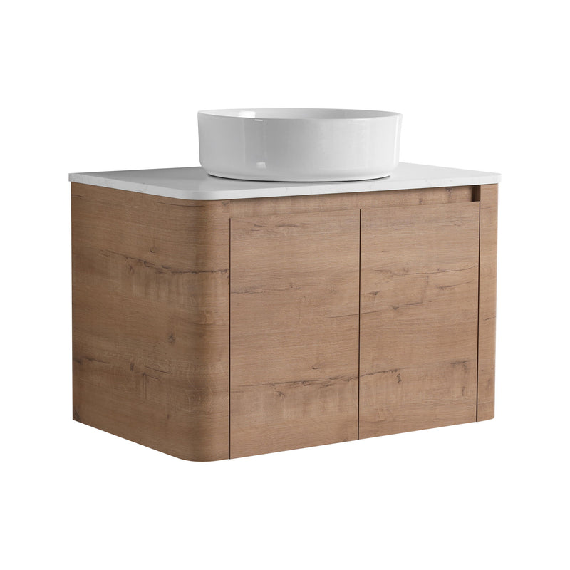 Bathroom vanity with white round vessel sink and 2-door cabinet, wood finish
