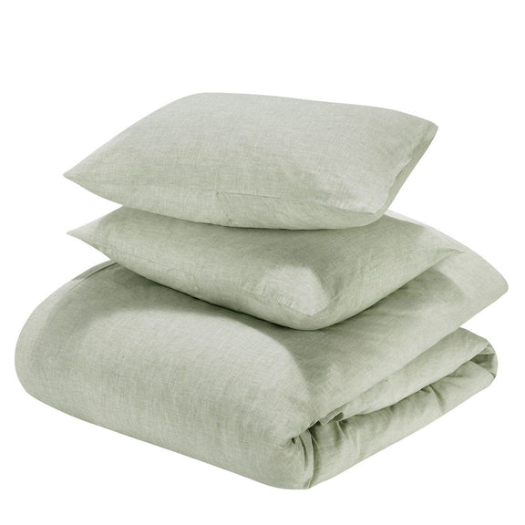3-piece duvet set, light sage green duvet and matching pillows (stacked)