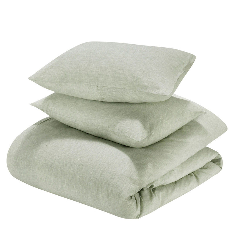 3-piece duvet set, light sage green duvet and matching pillows (stacked)
