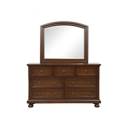 Dark brown wood dresser with arched mirror and metal-knob drawers, five rows.