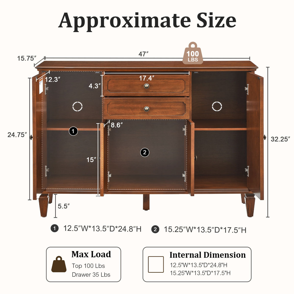 Dark brown sideboard with doors open, showing shelves and interior dimensions