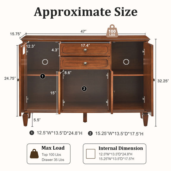 Dark brown sideboard with doors open, showing shelves and interior dimensions