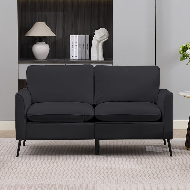 Black 2-seat upholstered loveseat with squared cushions, padded arms, and slim metal legs