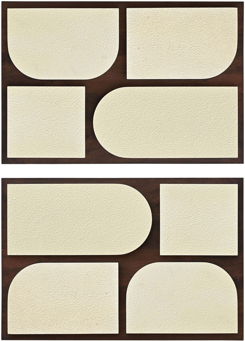 Mango wood 2-piece wall art with dark brown frames and off-white abstract curved forms