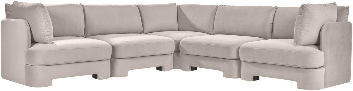 Gray velvet corner sectional sofa, 5-piece set with modular chaise and arm cushions.