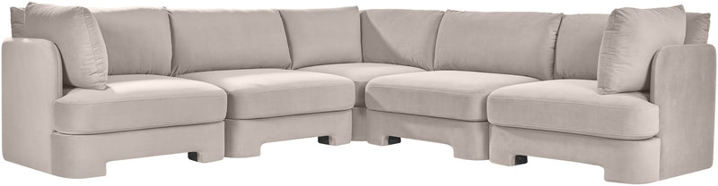 Gray velvet corner sectional sofa, 5-piece set with modular chaise and arm cushions.