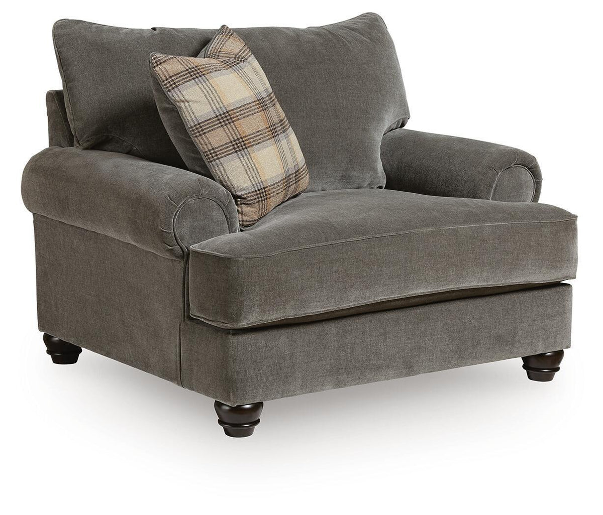 Shadow gray chair and a half with rolled arms and plaid accent pillow