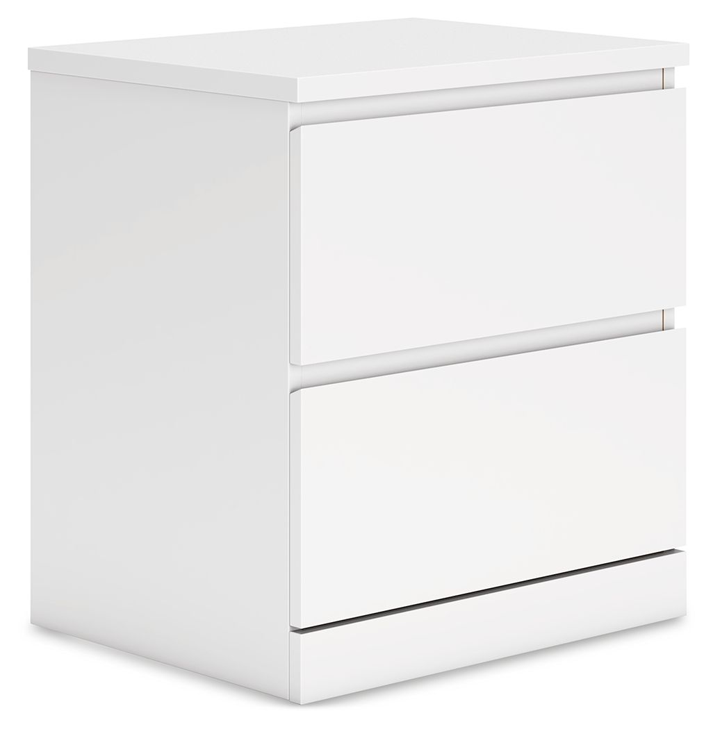 White two-drawer night stand with flat top and black-trim drawer fronts