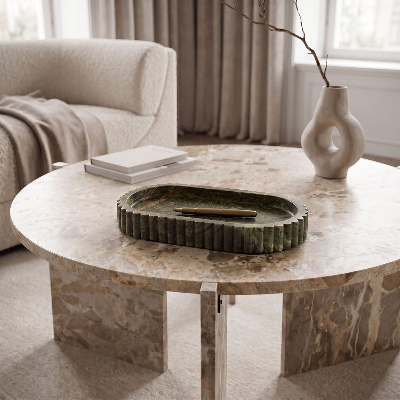 Green genuine marble tray on a round table with scalloped ridged border
