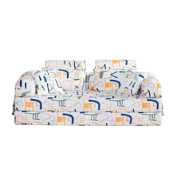 White sleeper sofa bed with colorful icon print, folded sofa seating