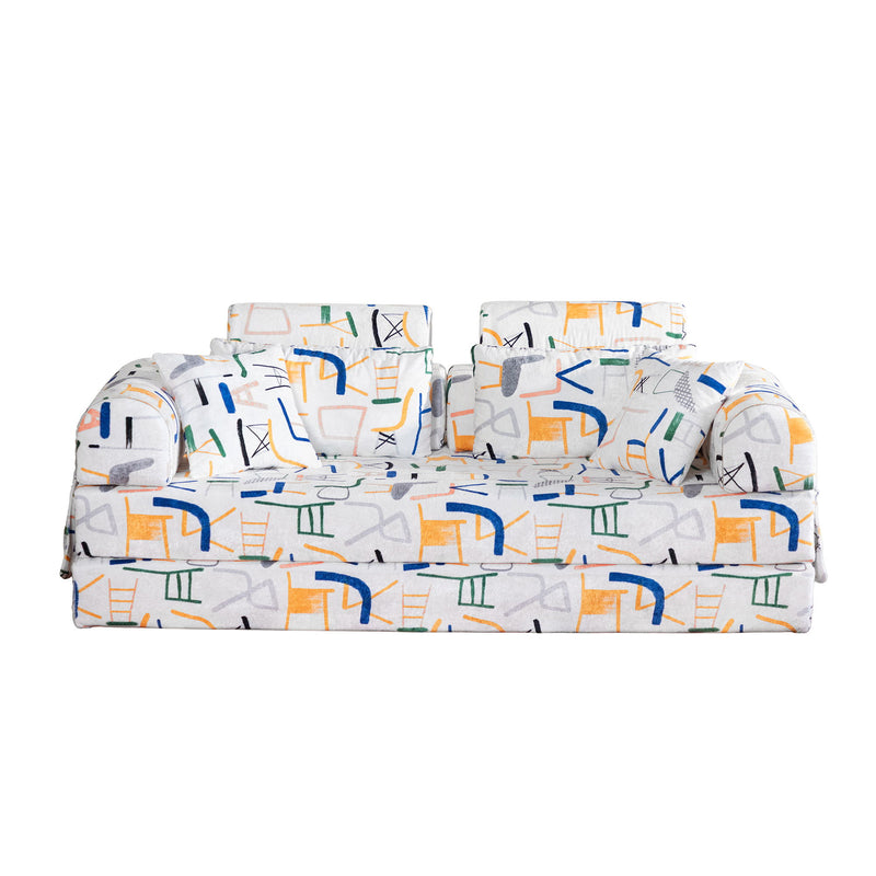 White sleeper sofa bed with colorful icon print, folded sofa seating