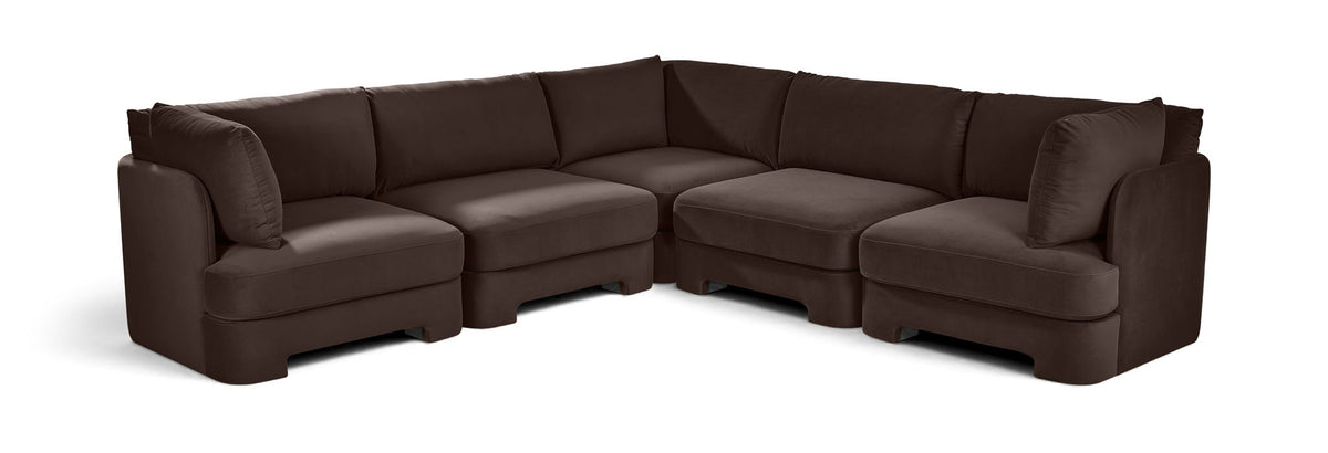 Dark brown velvet corner sectional sofa with five-piece modular L-shape and cushioned arms