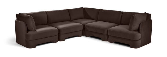 Dark brown velvet corner sectional sofa with five-piece modular L-shape and cushioned arms