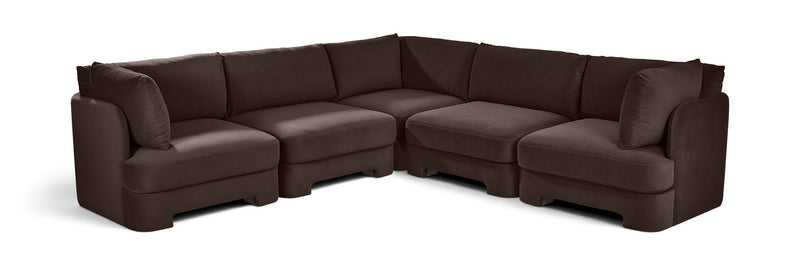 Dark brown velvet corner sectional sofa with five-piece modular L-shape and cushioned arms