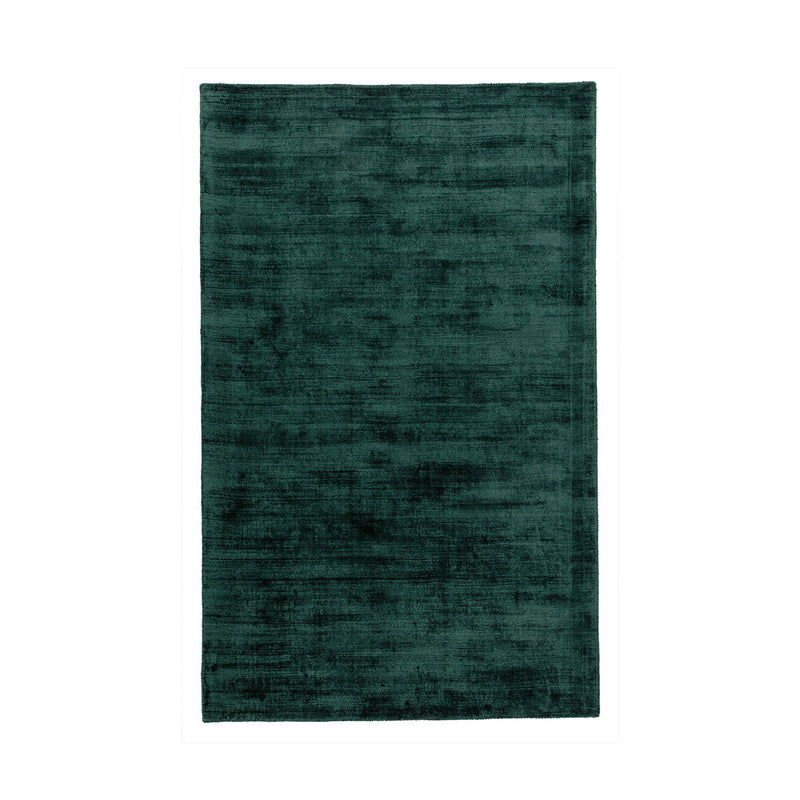Distressed area rug with dark teal/green mottled pattern and short, flat pile.