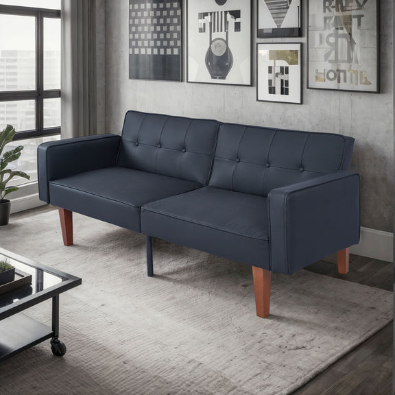 Dark navy sofa bed with padded armrests, tufted back, and wooden legs