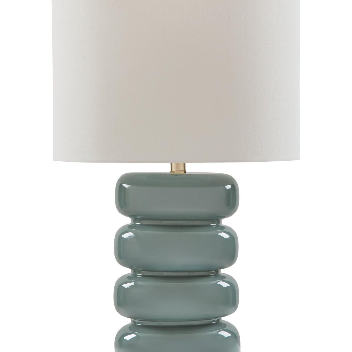 Ceramic table lamp with stacked gray-blue base and white fabric drum shade