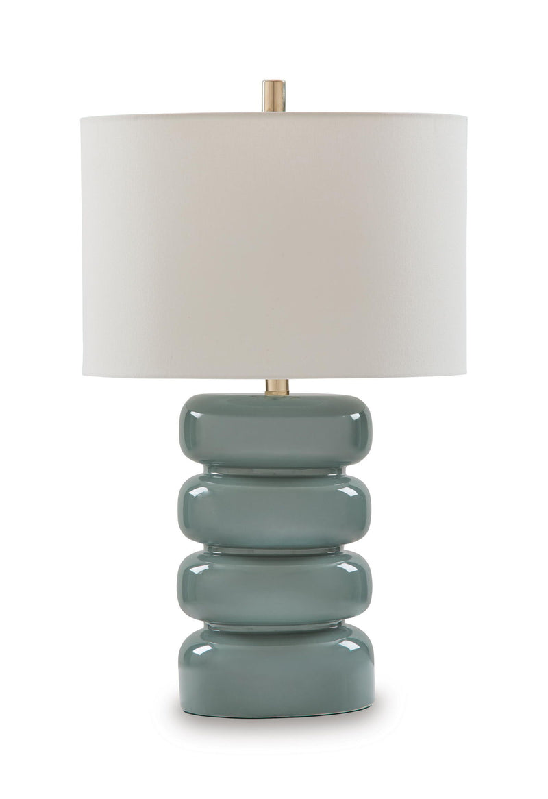 Ceramic table lamp with stacked gray-blue base and white fabric drum shade