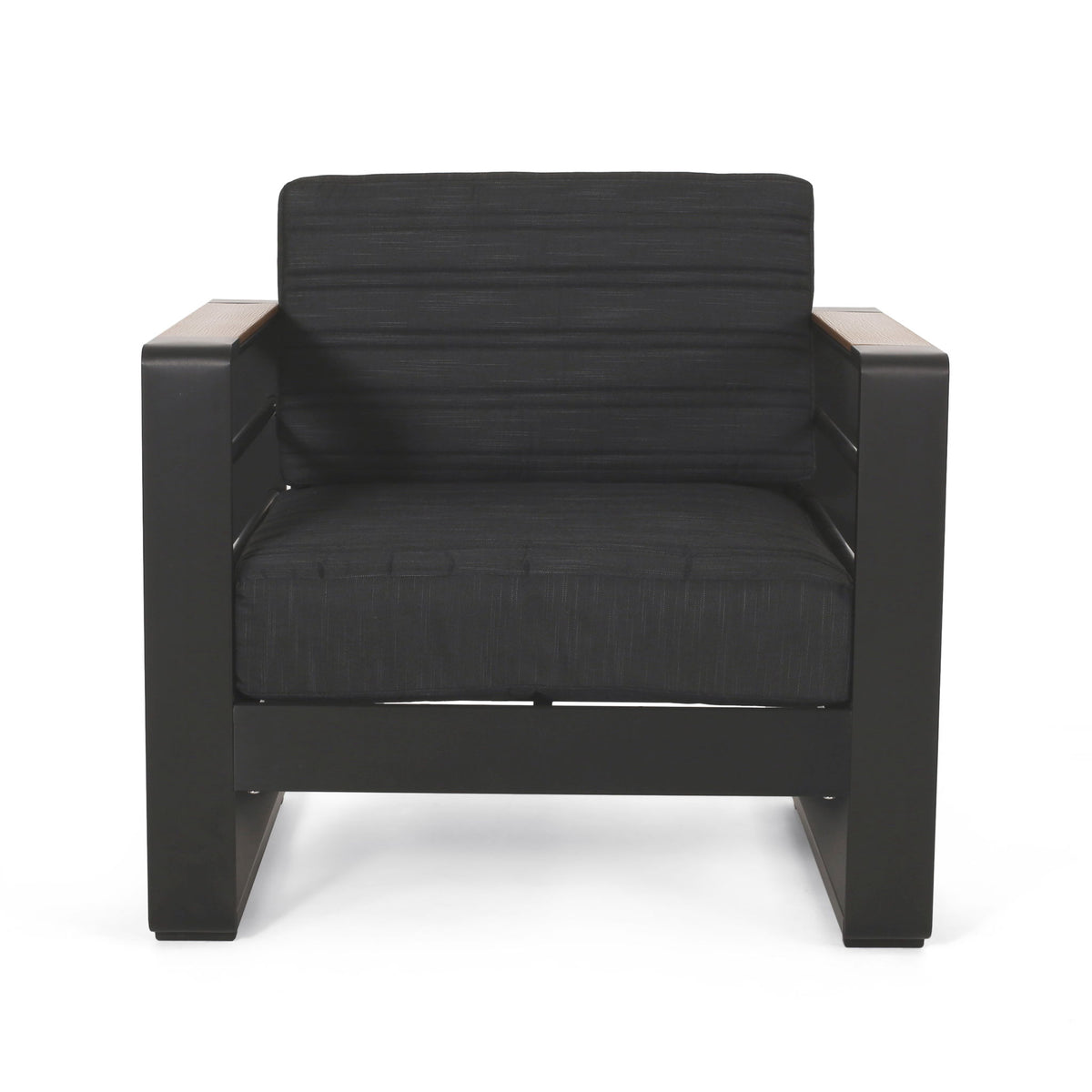 Aluminum-framed club chair with black upholstered seat and back, square arms