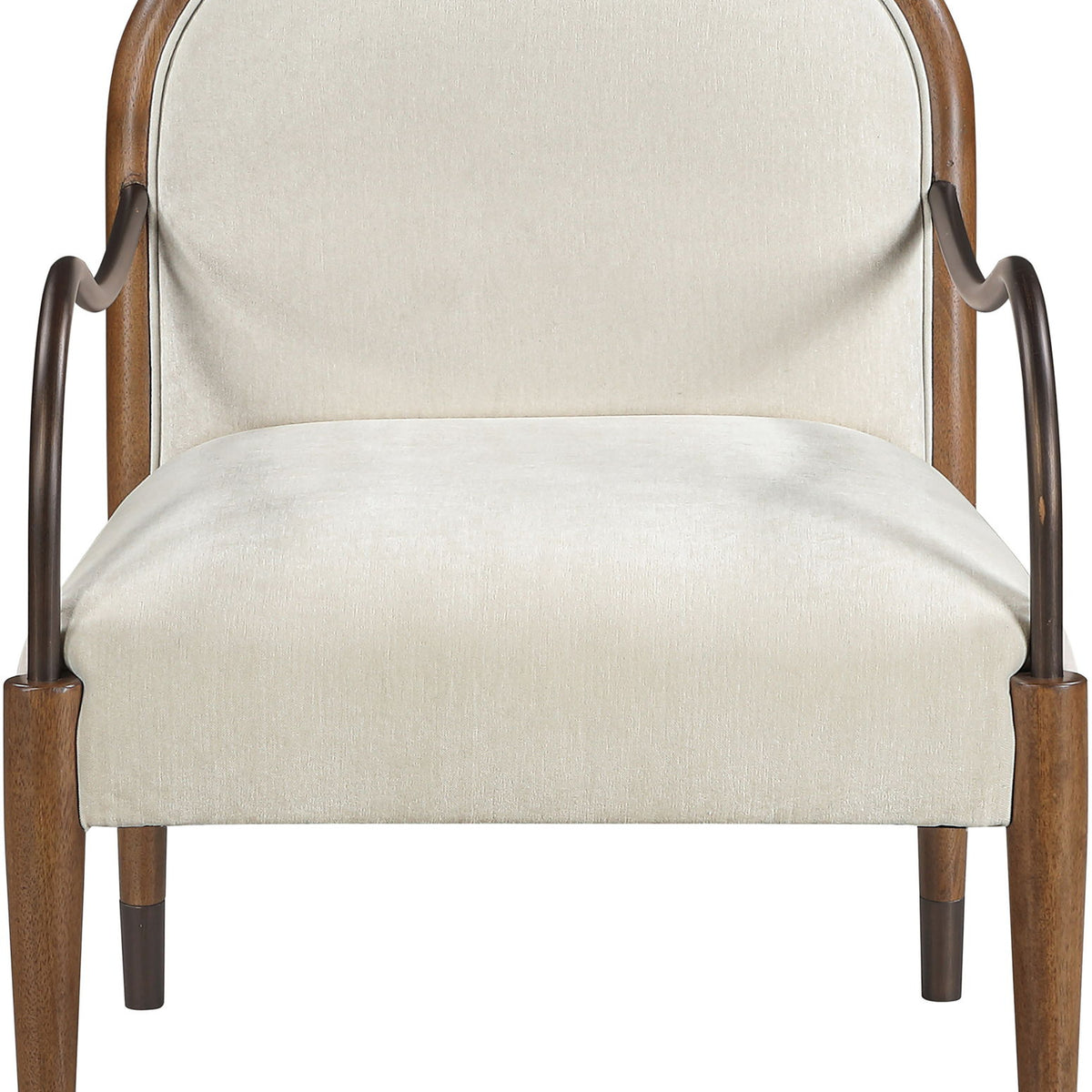 White fabric upholstered accent chair with arched back and short wooden legs