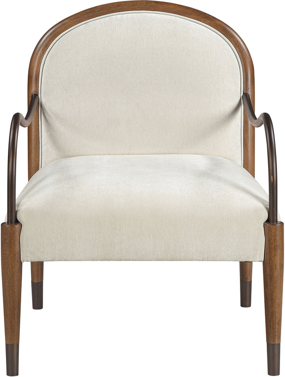 White fabric upholstered accent chair with arched back and short wooden legs