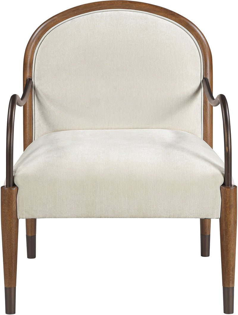 White fabric upholstered accent chair with arched back and short wooden legs