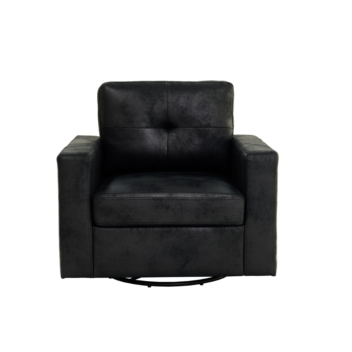 Black upholstered single sofa chair with high back and padded armrests