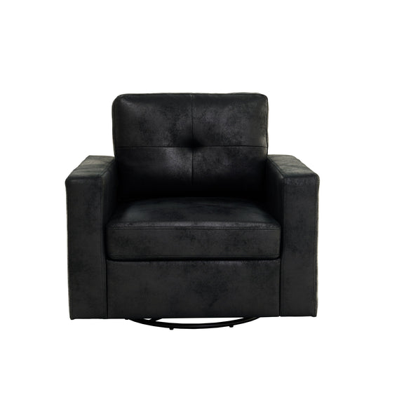Black upholstered single sofa chair with high back and padded armrests